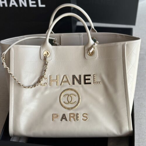 Aged Calfskin Medium Charms Deauville Tote white